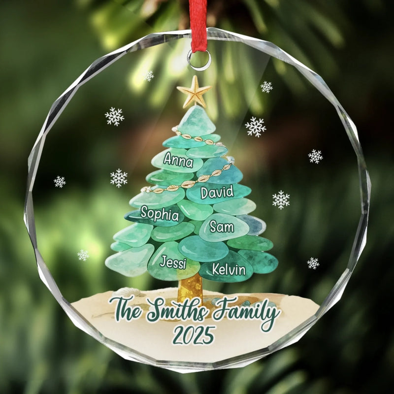 Custom Sea Glass Circle Glass Ornament -   Personalized Christmas Birthday Gifts For Mom, Dad, Brother, Sister, Kids, Beach Lovers - Peace By The Waves