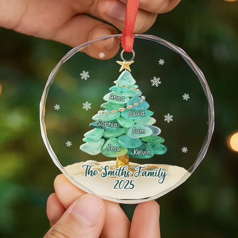 Custom Sea Glass Circle Glass Ornament -   Personalized Christmas Birthday Gifts For Mom, Dad, Brother, Sister, Kids, Beach Lovers - Peace By The Waves
