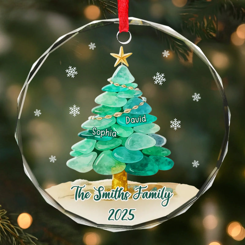 Custom Sea Glass Circle Glass Ornament -   Personalized Christmas Birthday Gifts For Mom, Dad, Brother, Sister, Kids, Beach Lovers - Peace By The Waves