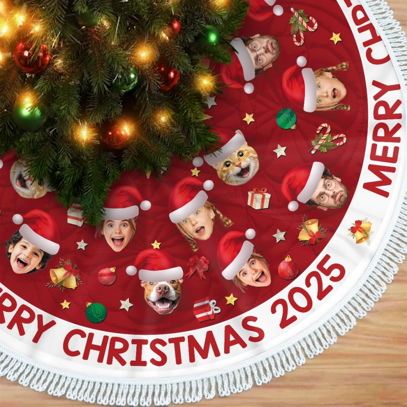 Custom Photo Tree Skirt - Personalized Christmas Birthday Gifts For Family, Dog Cat Lovers - Festive Faces, Furry Places