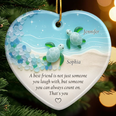 Custom Sea Glass Ceramic Heart Ornament - Personalized Best Friend Christmas Birthday Gifts For Women, Besties, Sisters, BFF - Friends Through Every Tide