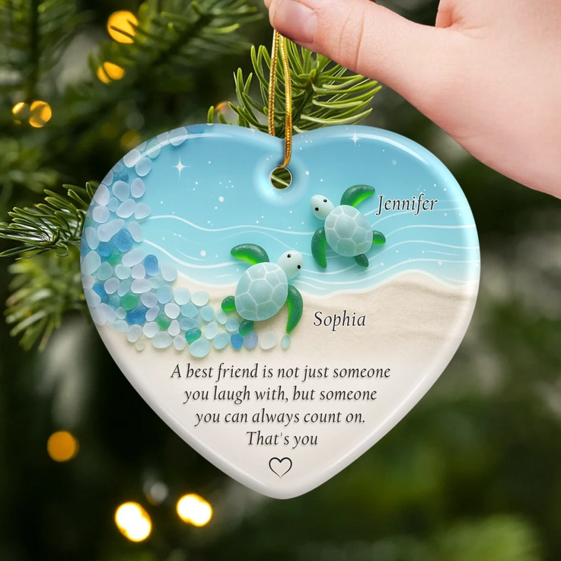 Custom Sea Glass Ceramic Heart Ornament - Personalized Best Friend Christmas Birthday Gifts For Women, Besties, Sisters, BFF - Friends Through Every Tide