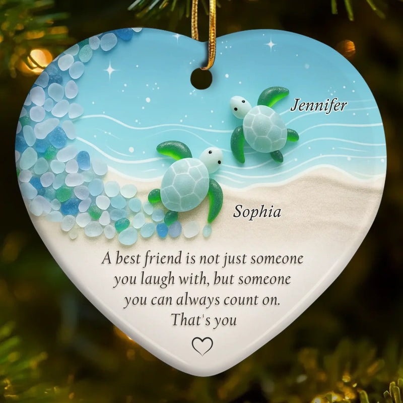 Custom Sea Glass Ceramic Heart Ornament - Personalized Best Friend Christmas Birthday Gifts For Women, Besties, Sisters, BFF - Friends Through Every Tide