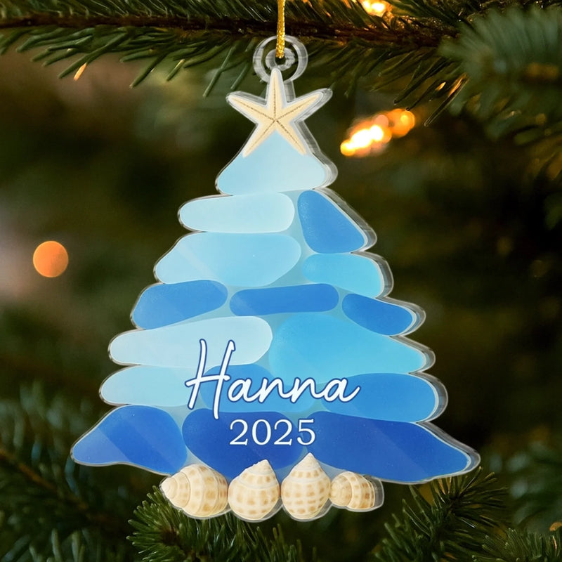 Custom Sea Glass Acrylic Ornament - Personalized Personalized Christmas Birthday Gifts For Mom, Dad, Brother, Sister, Kids, Beach Lovers - Waves Of Holiday Joy