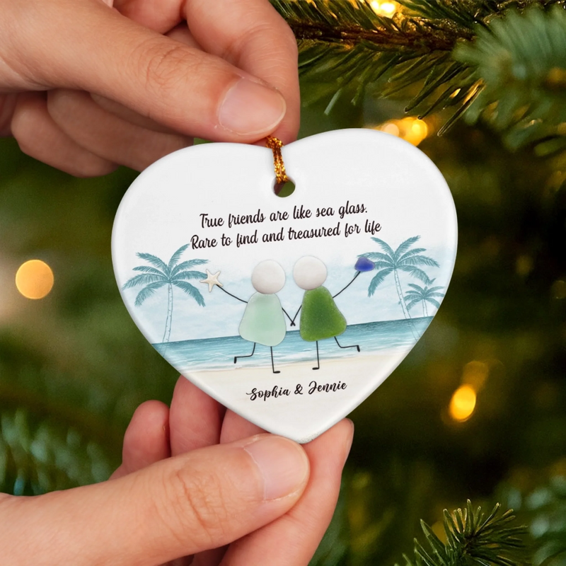 Custom Sea Glass Ceramic Ornament - Personalized Best Friend Christmas Birthday Gifts For Women, Besties, Sisters, BFF, Beach Lovers - Joy Flows Like Waves