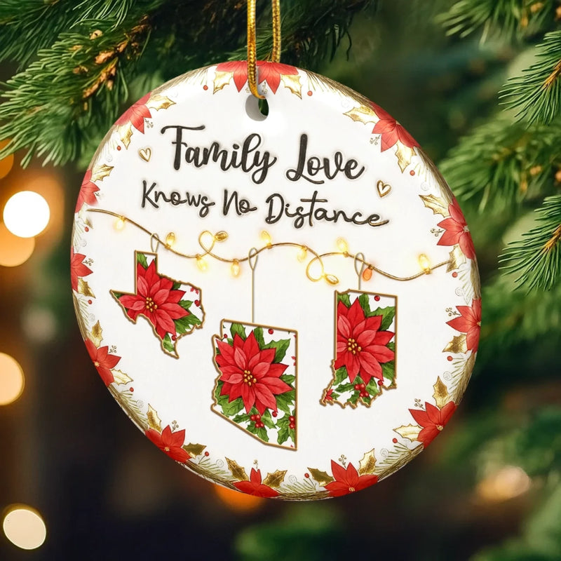 Custom Long Distance Ceramic Ornament - Personalized Christmas Birthday Gifts For Mom, Dad, Brother, Sister, Kids - Poinsettias Bloom Where Hearts Meet