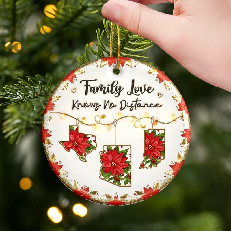 Custom Long Distance Ceramic Ornament - Personalized Christmas Birthday Gifts For Mom, Dad, Brother, Sister, Kids - Poinsettias Bloom Where Hearts Meet