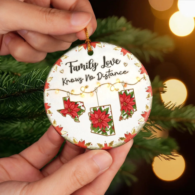 Custom Long Distance Ceramic Ornament - Personalized Christmas Birthday Gifts For Mom, Dad, Brother, Sister, Kids - Poinsettias Bloom Where Hearts Meet