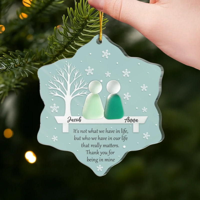 Custom Sea Glass Acrylic Ornament - Personalized Anniversary Christmas Wedding Gifts For Husband And Wife, Him And Her, Couples, Beach Lovers - Two Hearts One Shore