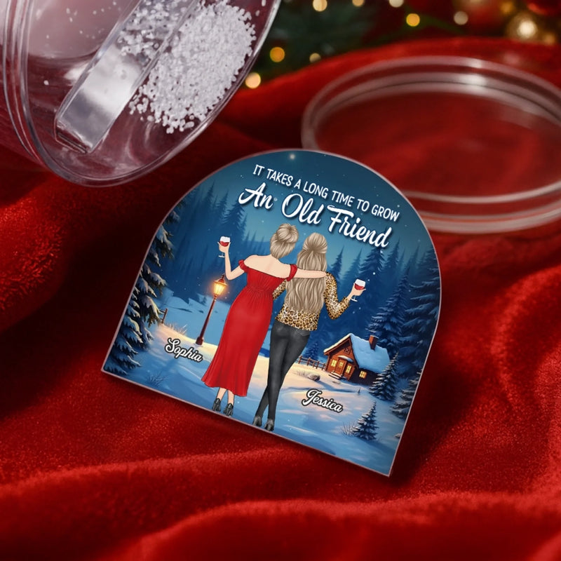Custom Acrylic Snow Globe - Personalized Best Friend Christmas Birthday Gifts For Women, Besties, Sisters, BFF - Warm Lights Happy Hearts