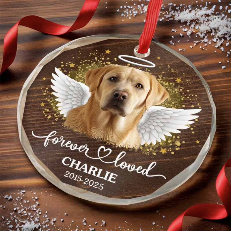 Custom Photo Circle Glass Ornament - Personalized Pet Christmas Memorial Sympathy Gifts For Dogs, Cats - Forever Loved Always Remembered