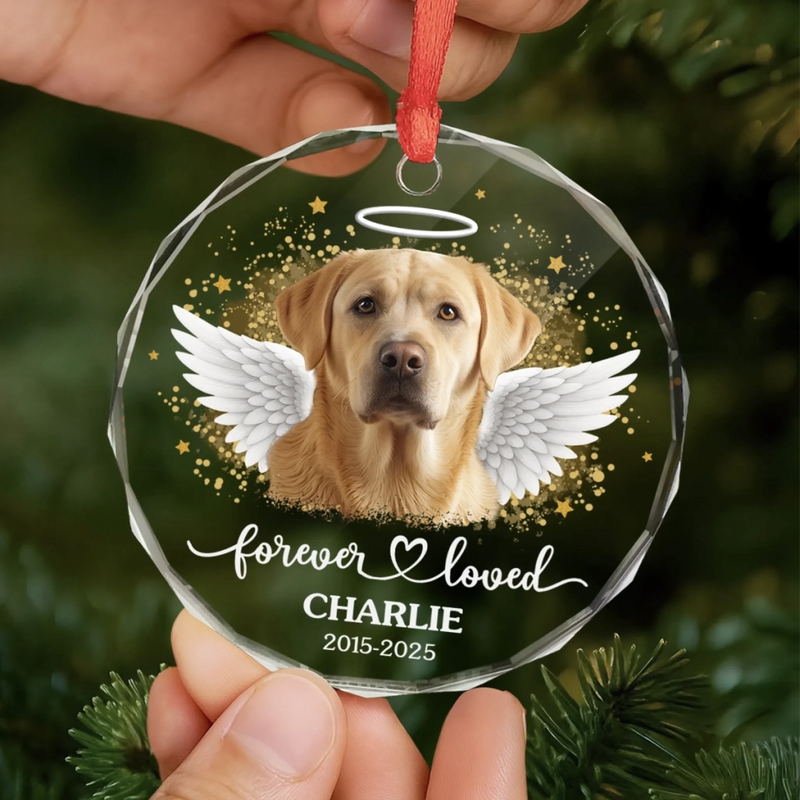 Custom Photo Circle Glass Ornament - Personalized Pet Christmas Memorial Sympathy Gifts For Dogs, Cats - Forever Loved Always Remembered