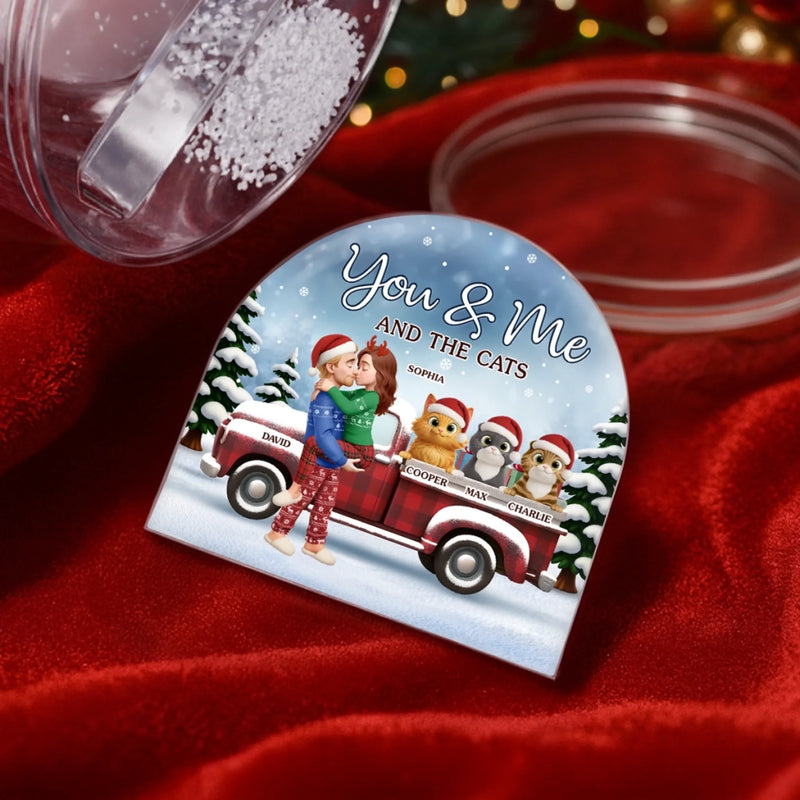 Custom Acrylic Snow Globe - Personalized  Anniversary Christmas Wedding Gifts For Husband And Wife, Gifts For Cat Lovers, Cat Mom And Dad - You Me And The Cat