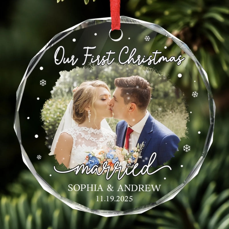 Custom Photo Our First Christmas As Mr & Mrs - Couple Personalized Custom Circle Glass Ornament - New Arrival, Christmas Gift For Husband Wife, Anniversary, First Christmas AMZ