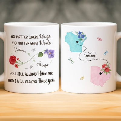 Custom Long Distance Mug - Personalized Best Friend Birthday Gifts For Women, Besties, Sisters, BFF - Hearts Stay Linked