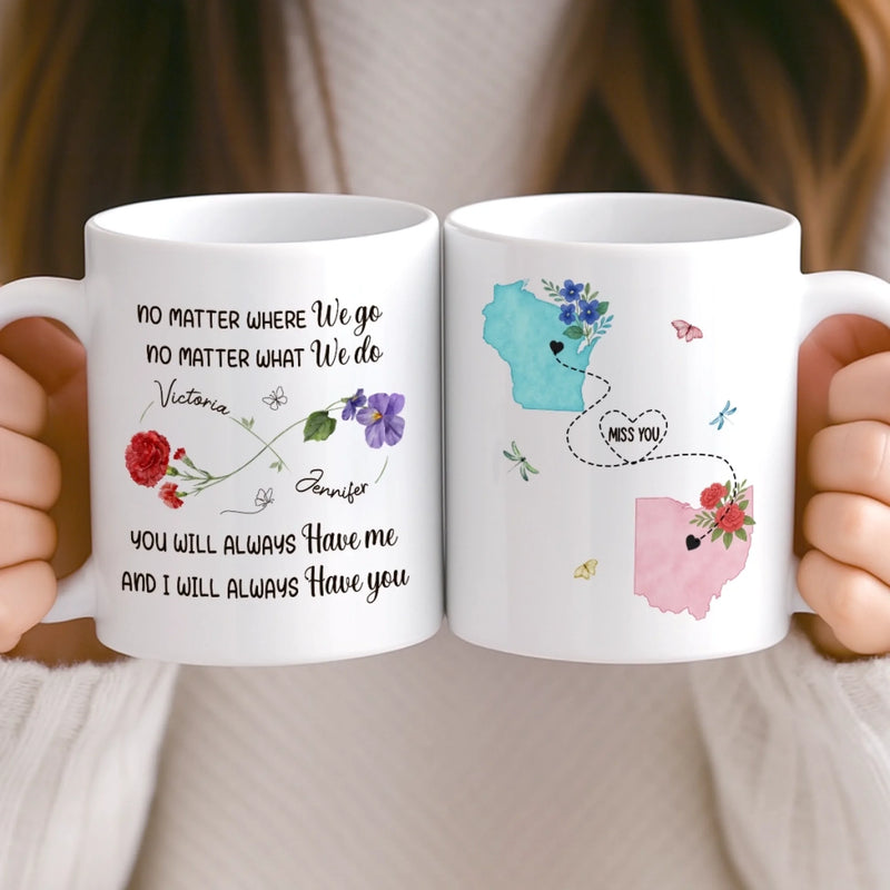 Custom Long Distance Mug - Personalized Best Friend Birthday Gifts For Women, Besties, Sisters, BFF - Hearts Stay Linked