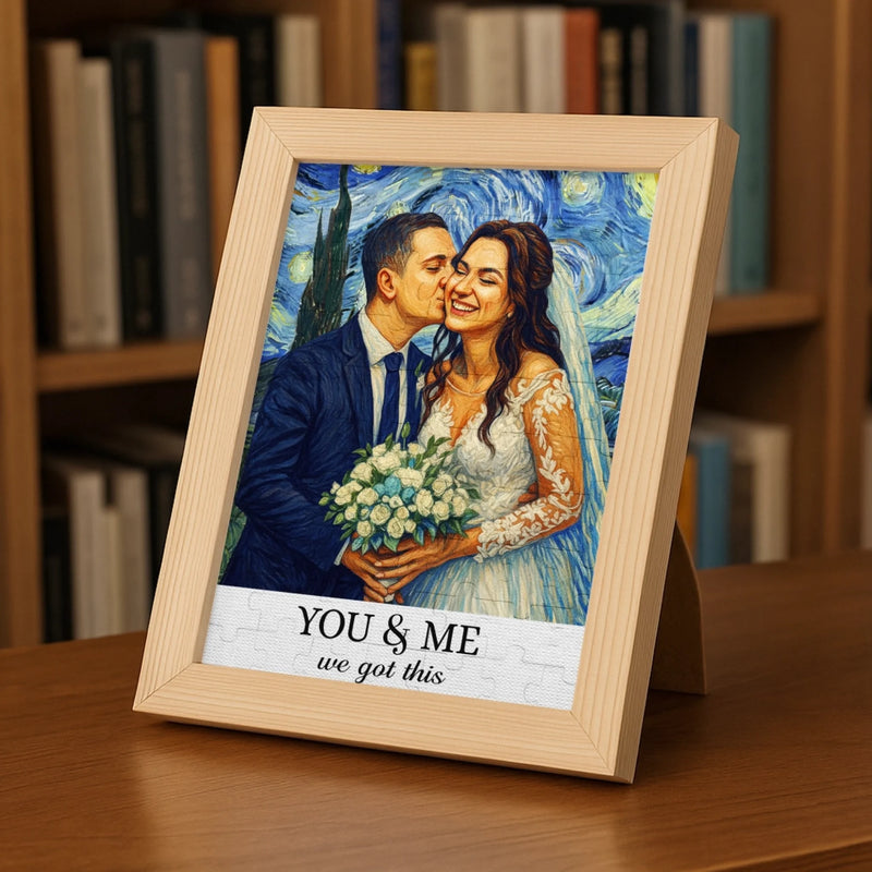 Custom Photo Starry Night Puzzle With Wooden Frame - Personalized Anniversary Wedding Gifts For Husband And Wife, Him And Her - A Masterpiece Made Of Love