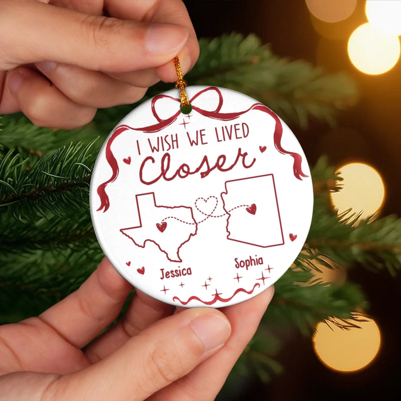 Custom Long Distance Ceramic Ornament - Personalized Best Friend Christmas Birthday Gifts For Women, Besties, Sisters, BFF - Hearts Connected Across The Miles