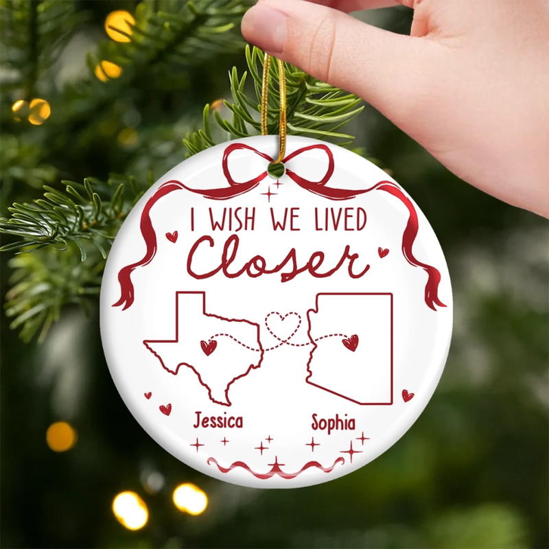 Custom Long Distance Ceramic Ornament - Personalized Best Friend Christmas Birthday Gifts For Women, Besties, Sisters, BFF - Hearts Connected Across The Miles