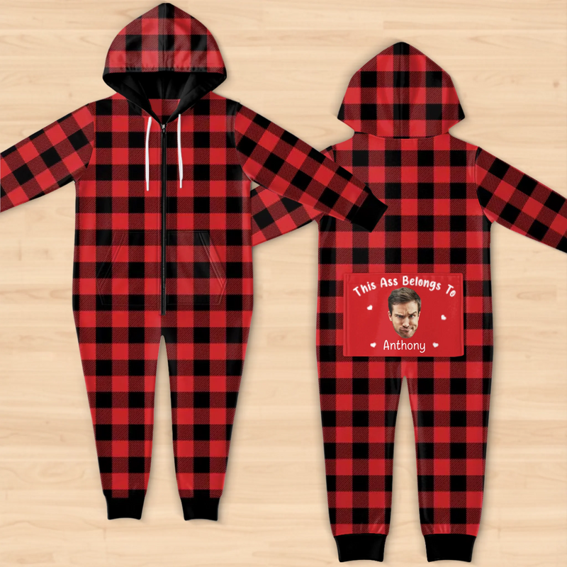 Custom Photo Adult Onesie Pajamas With Back Flap - Personalized Anniversary Christmas Wedding Gifts For Husband And Wife, Him And Her - Property Of My Favorite Troublemaker