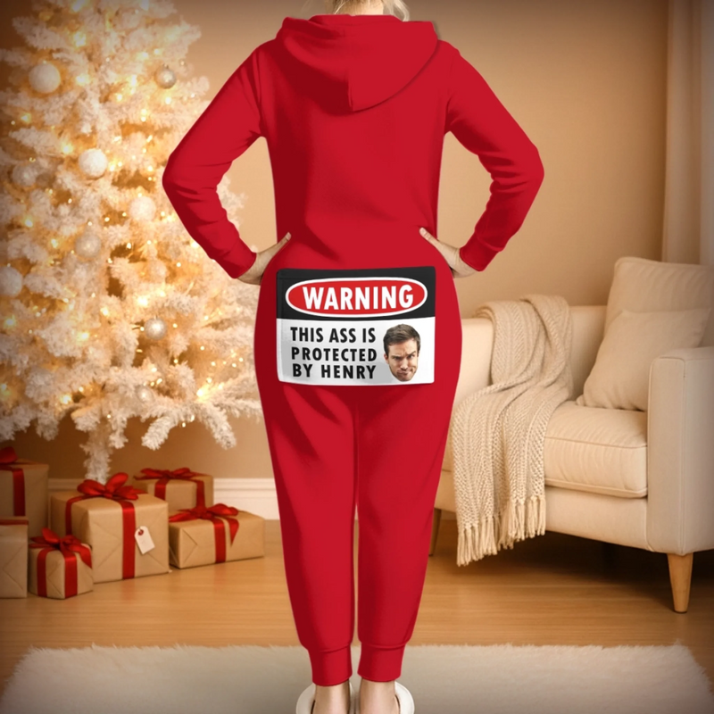 Custom Photo Adult Onesie Pajamas With Back Flap - Personalized Anniversary Christmas Wedding Gifts For Husband And Wife, Him And Her - This Love Has No Entry Zone