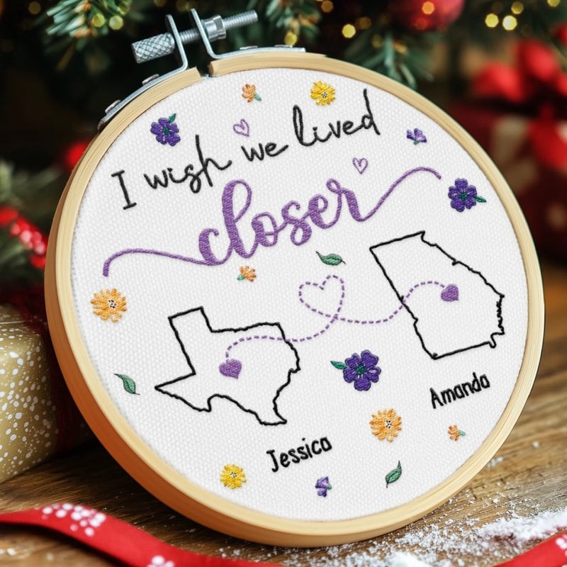 Custom Long Distance Embroidered Ornament - Personalized Best Friend Christmas Birthday Gifts For Women, Besties, Sisters, BFF - Hearts Connected Across The Miles