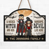 A Wicked Witch And Her Handsome Devil Live Here - Couple Personalized Custom Home Decor Wood Sign - Halloween Gift For Husband Wife, Anniversary