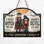 Custom Name Halloween Witch and Devil Couple Gifts - Personalized Wood Sign