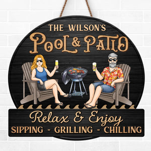 Custom Home Decor Wood Sign - Personalized Anniversary Wedding Gifts For Husband And Wife, Him And Her - Just A Couple, Pool & Patio Sipping Chilling