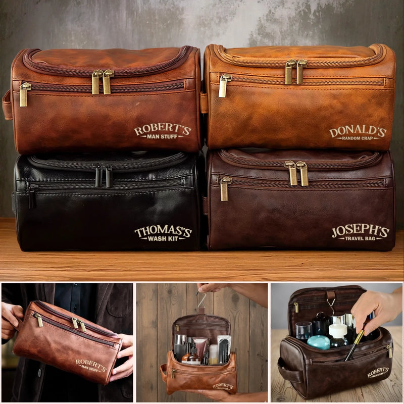 Custom Engraved Leather Toiletry Bag - Personalized  Christmas Birthday Gifts For Dad, Brother, Son, Husband, Groomsman, Best Friends - The Ultimate Man Kit