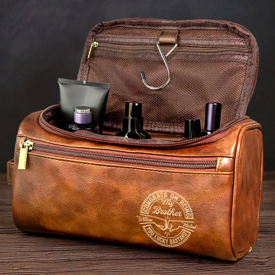 Custom Engraved Leather Toiletry Bag - Personalized Birthday Gifts For Brother - Made For Your Journey