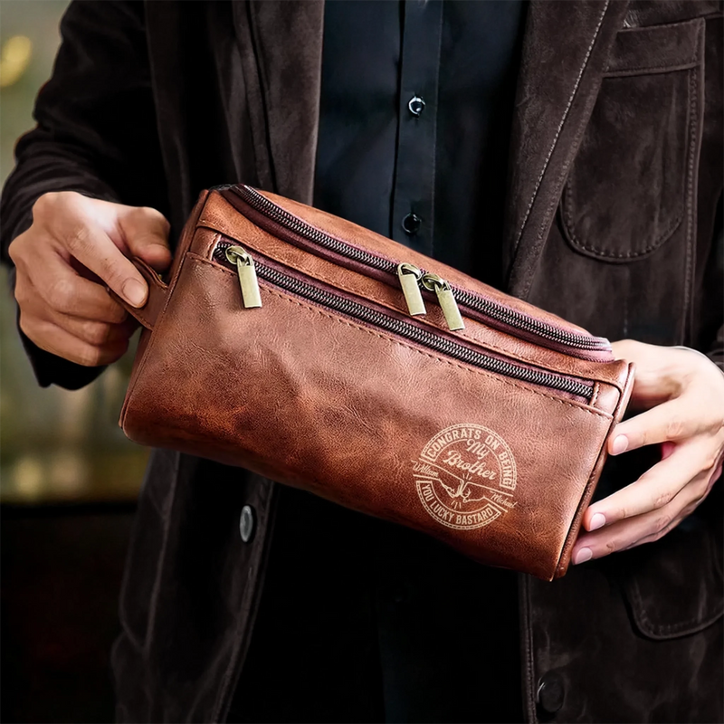 Custom Engraved Leather Toiletry Bag - Personalized Birthday Gifts For Brother - Made For Your Journey