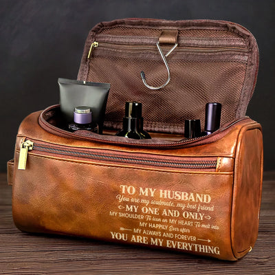 Custom Engraved Leather Toiletry Bag - Personalized Birthday Gifts For Husband - With You Life Feels Right