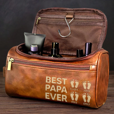 Custom Engraved Leather Toiletry Bag - Personalized Birthday Gifts For Dad, Grandpa - Wisdom Strength And Gentle Hearts
