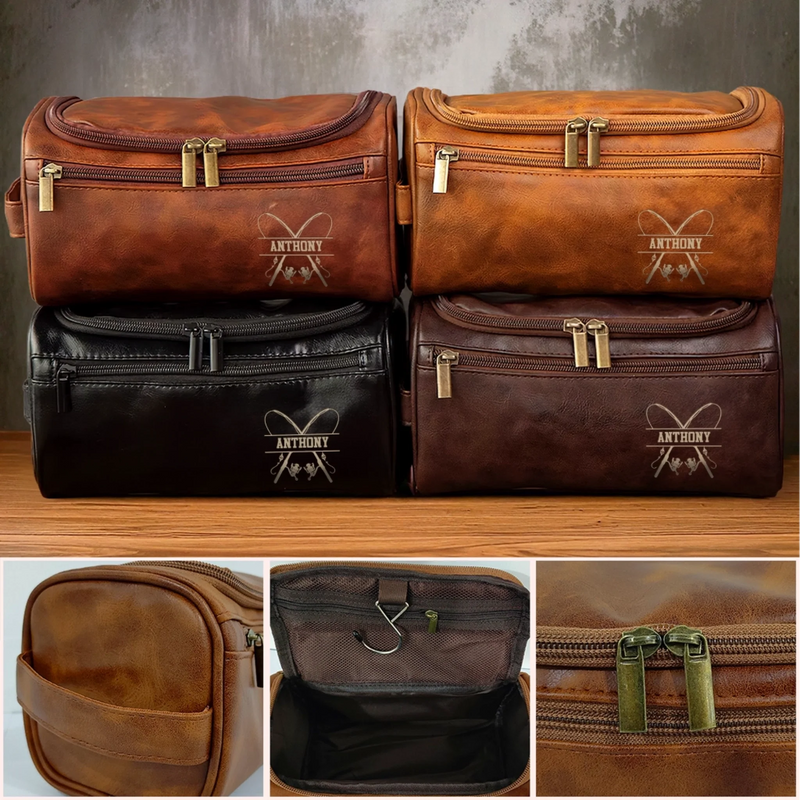 Custom Engraved Leather Toiletry Bag - Personalized  Christmas Birthday Fishing Gifts For Fisherman - For The Guy Who Never Misses A Bite