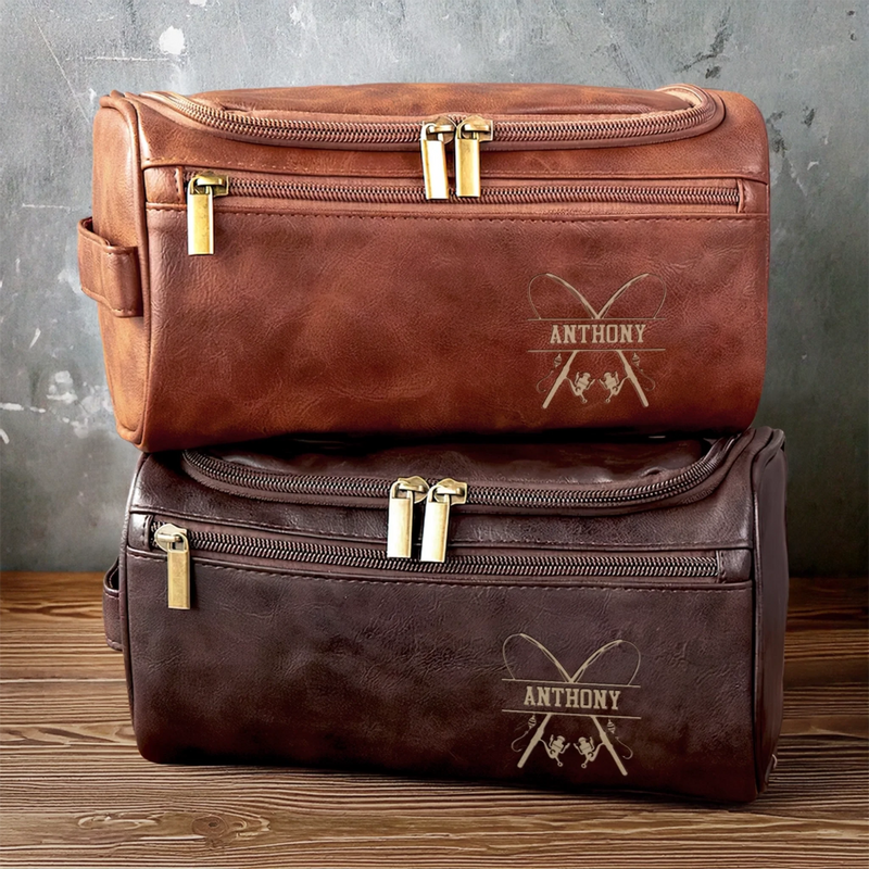 Custom Engraved Leather Toiletry Bag - Personalized  Christmas Birthday Fishing Gifts For Fisherman - For The Guy Who Never Misses A Bite