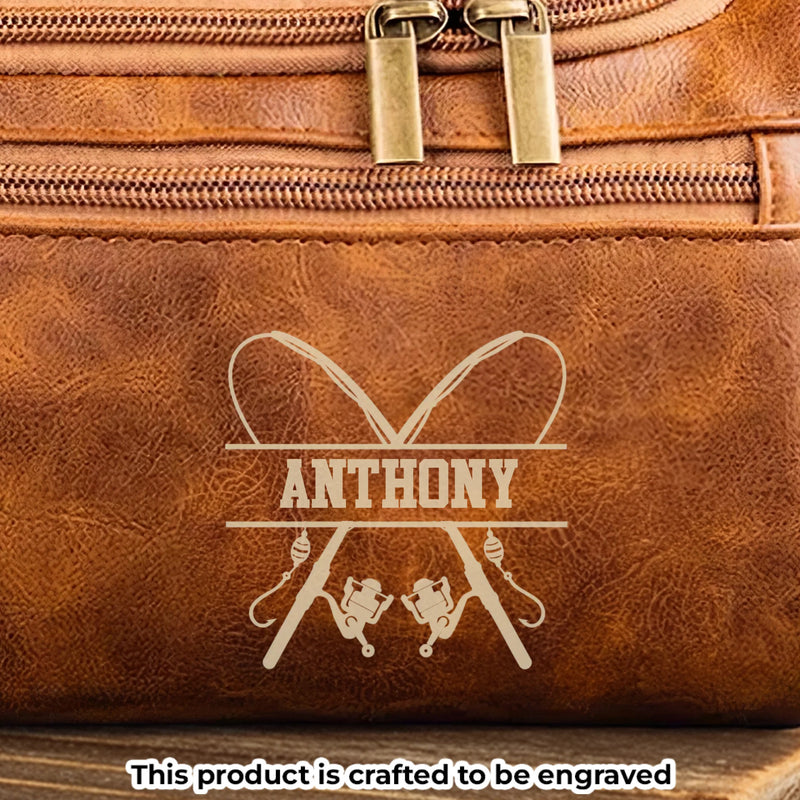 Custom Engraved Leather Toiletry Bag - Personalized  Christmas Birthday Fishing Gifts For Fisherman - For The Guy Who Never Misses A Bite