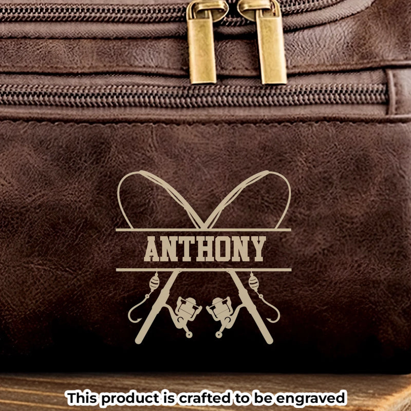 Custom Engraved Leather Toiletry Bag - Personalized  Christmas Birthday Fishing Gifts For Fisherman - For The Guy Who Never Misses A Bite