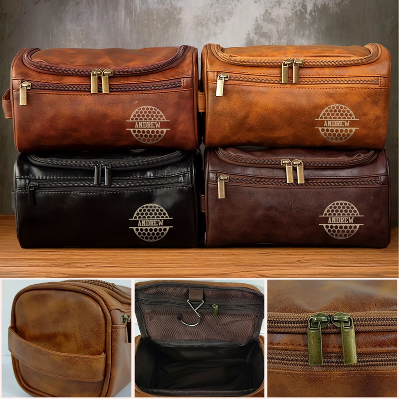Custom Engraved Leather Toiletry Bag - Personalized  Christmas Birthday Golf Gifts For Men, Women - For The Man Who Plays Life Like Golf