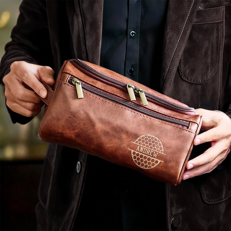 Custom Engraved Leather Toiletry Bag - Personalized  Christmas Birthday Golf Gifts For Men, Women - For The Man Who Plays Life Like Golf