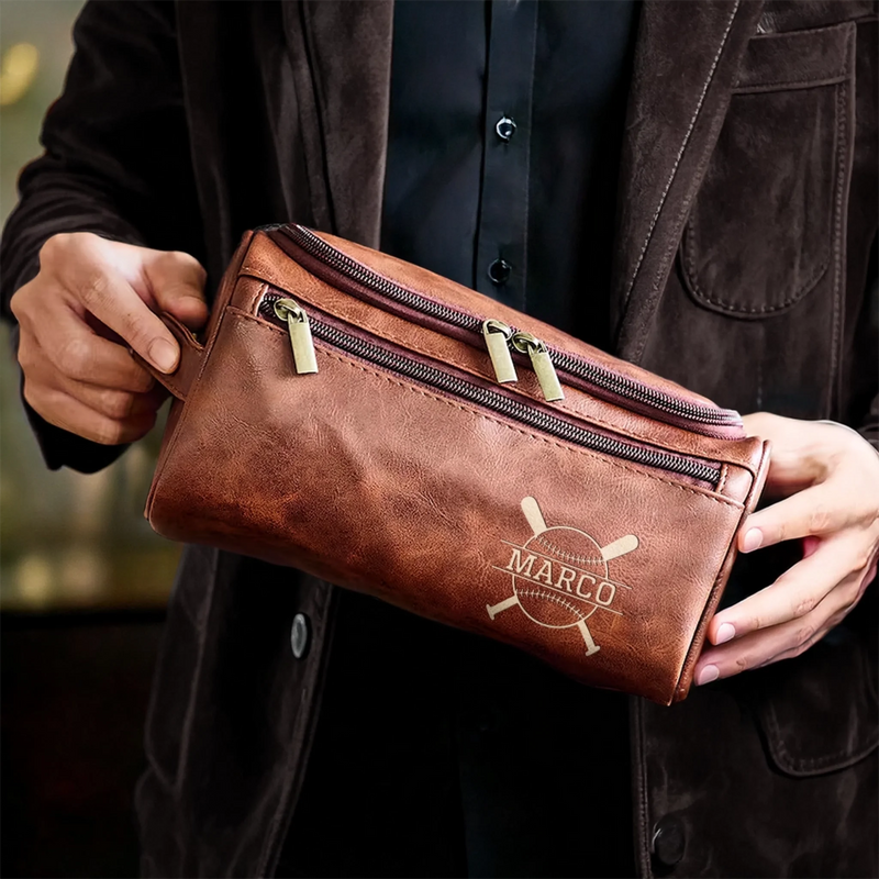 Custom Engraved Leather Toiletry Bag - Personalized  Christmas Birthday Baseball Gifts For Baseball Lovers, Sports Fans, Sports Lovers - Every Stitch Tells A Story