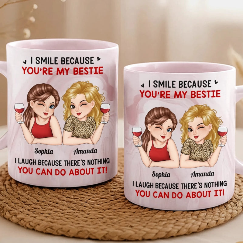 Custom 11oz Pink Marble Mug - Personalized Best Friend Birthday Gifts For Women, Besties, Sisters, BFF - I Smile Because You Are My Bestie