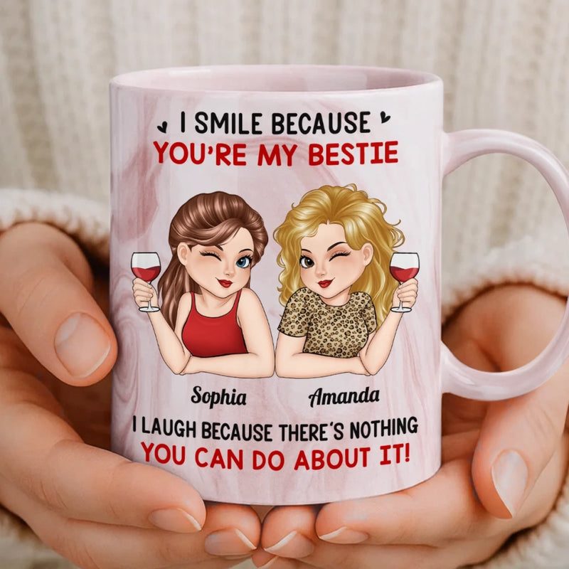 Custom 11oz Pink Marble Mug - Personalized Best Friend Birthday Gifts For Women, Besties, Sisters, BFF - I Smile Because You Are My Bestie