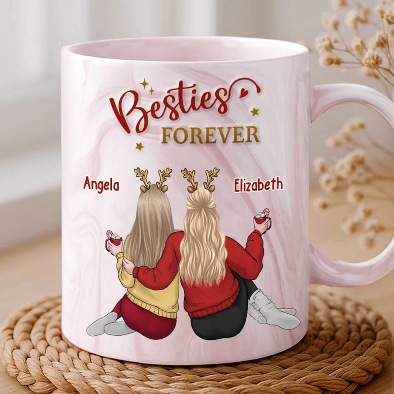 Custom 11oz Pink Marble Mug - Personalized Best Friend Birthday Gifts For Women, Besties, Sisters, BFF - Laughing Through Every Chapter
