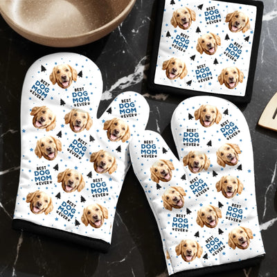 Custom Photo Oven Mitt And Pot Holder Set - Personalized Christmas Birthday Gifts For Mom, Grandma, Dog Cat Lovers - Best Fur Mom Ever
