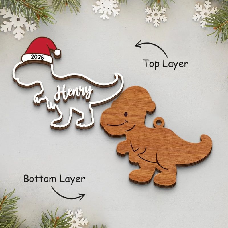 Custom Dinosaur Double Layer Wooden Ornament - Personalized Christmas Birthday Gifts For Mom, Dad, Brother, Sister, Kids - Dino Spreading Christmas Cheer