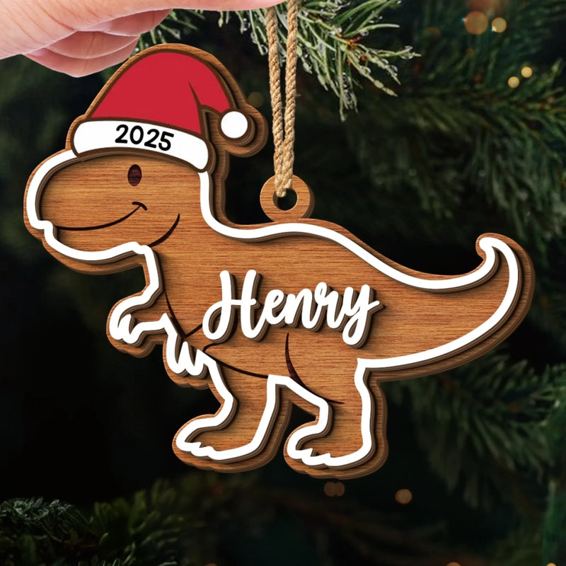Custom Dinosaur Double Layer Wooden Ornament - Personalized Christmas Birthday Gifts For Mom, Dad, Brother, Sister, Kids - Dino Spreading Christmas Cheer