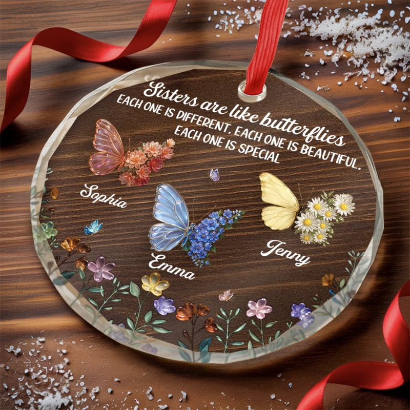 Custom Circle Glass Ornament - Personalized Best Friend Christmas Birthday Gifts For Women, Besties, Sisters, BFF - Butterflies Bless Our Friendship