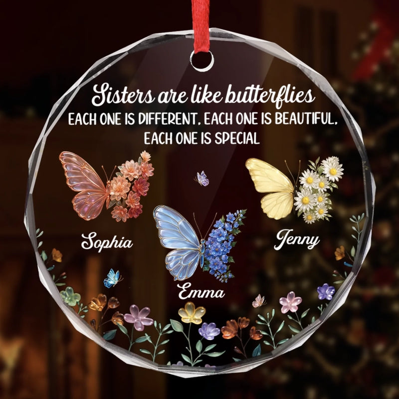 Custom Circle Glass Ornament - Personalized Best Friend Christmas Birthday Gifts For Women, Besties, Sisters, BFF - Butterflies Bless Our Friendship