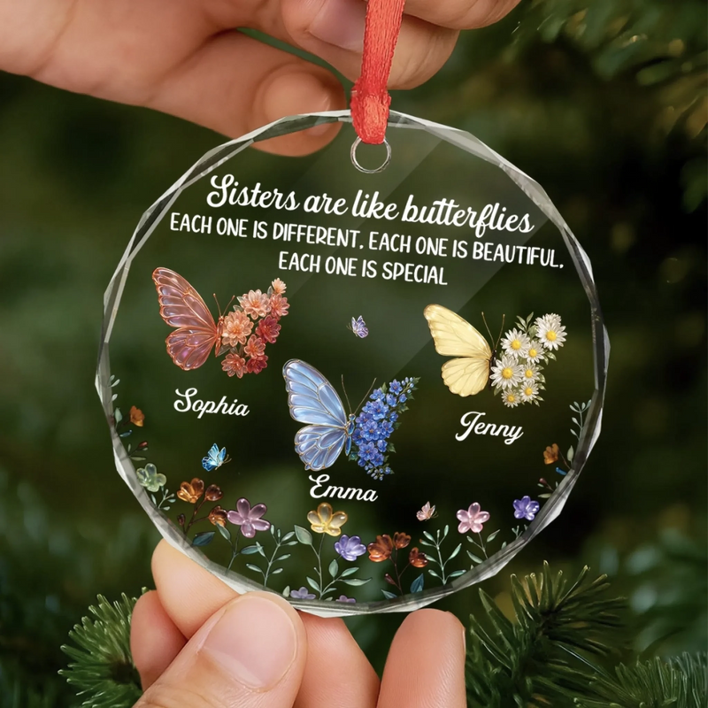 Custom Circle Glass Ornament - Personalized Best Friend Christmas Birthday Gifts For Women, Besties, Sisters, BFF - Butterflies Bless Our Friendship